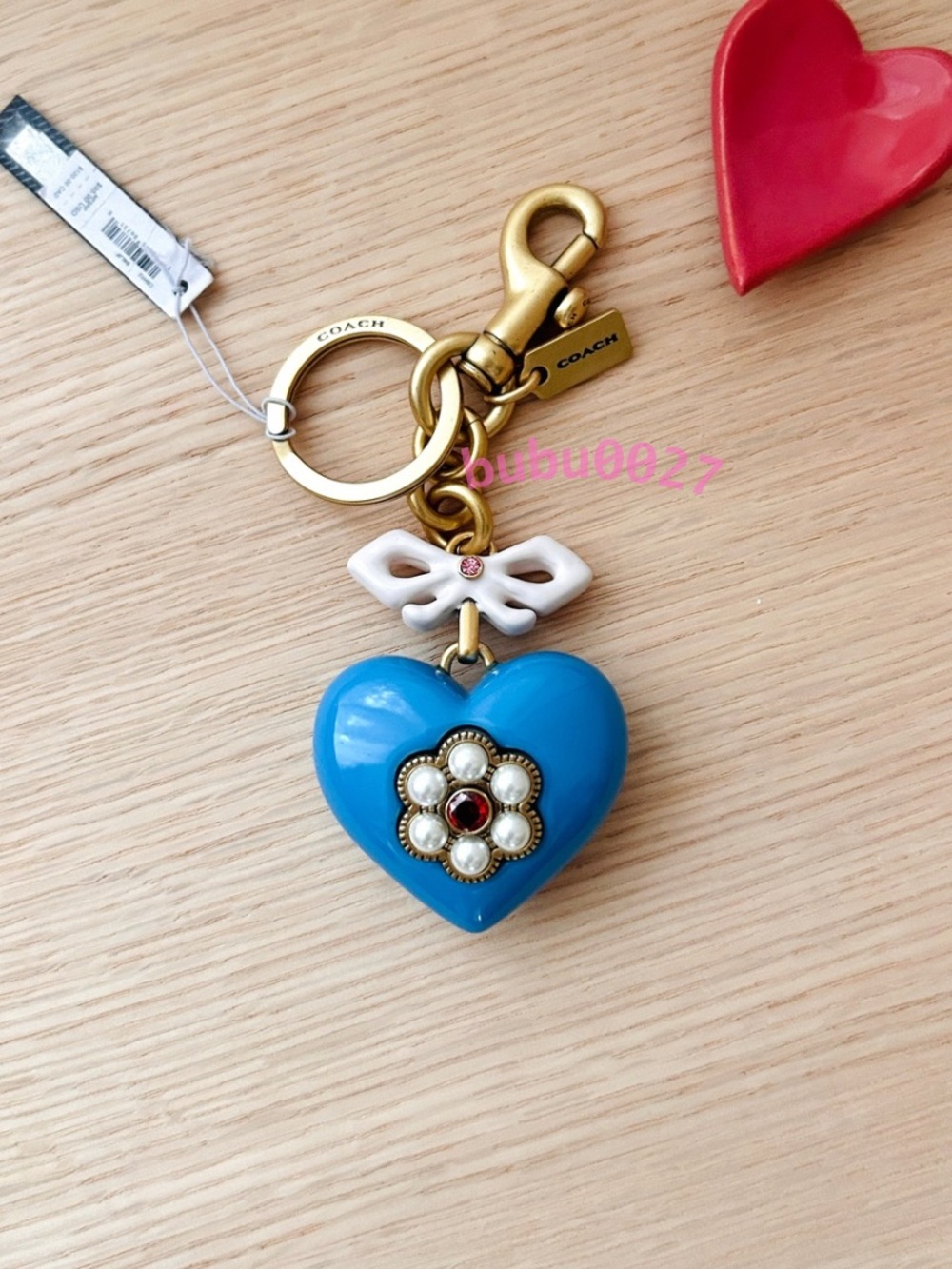 NWT💙Coach Blue Heart Bag Charm CBH12 Keychain Bow Pearl Flower Gift